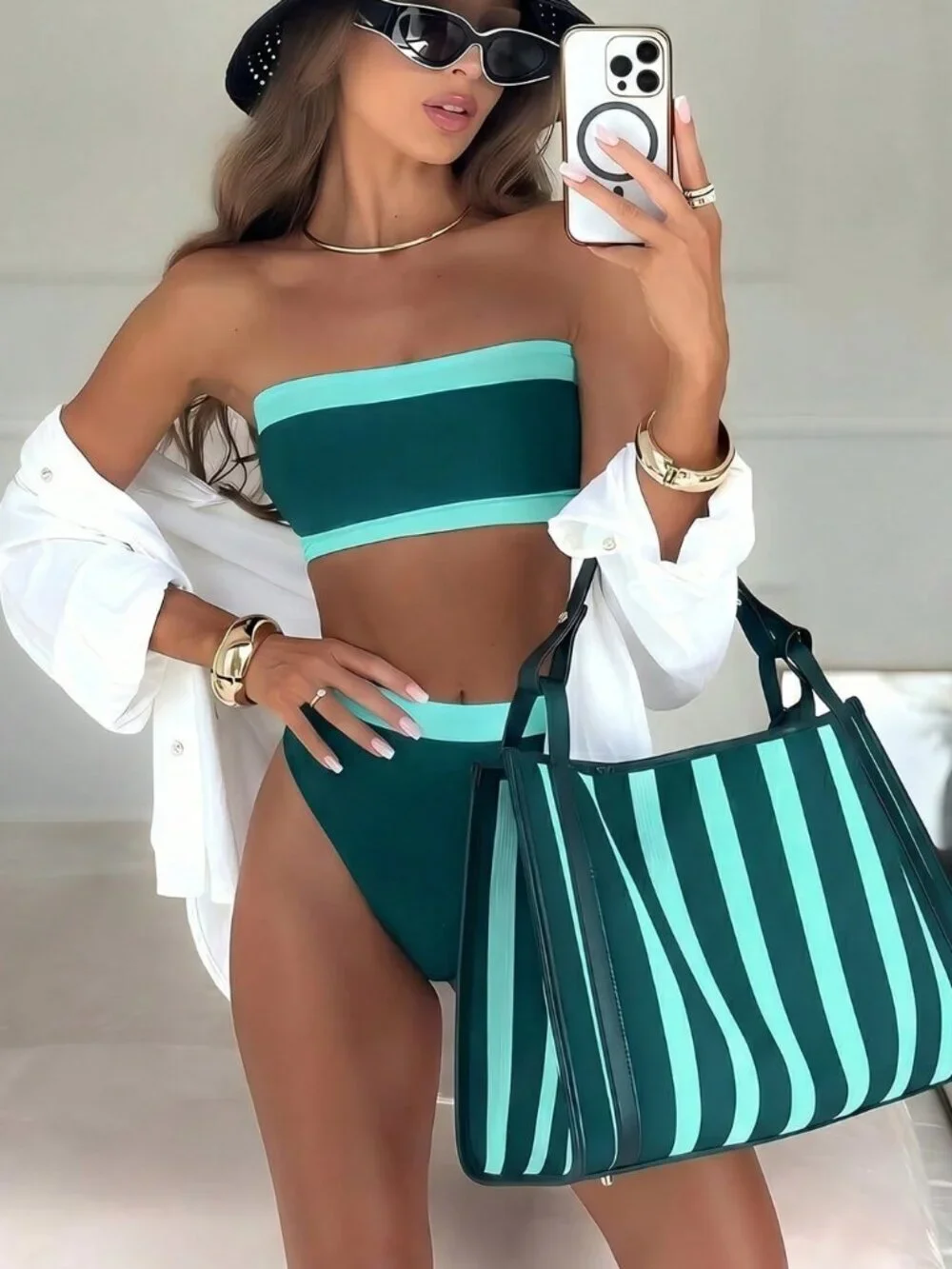 Dark Green  Casual Women's Sexy Detachable Strap Strapless Bikini Swimwear
